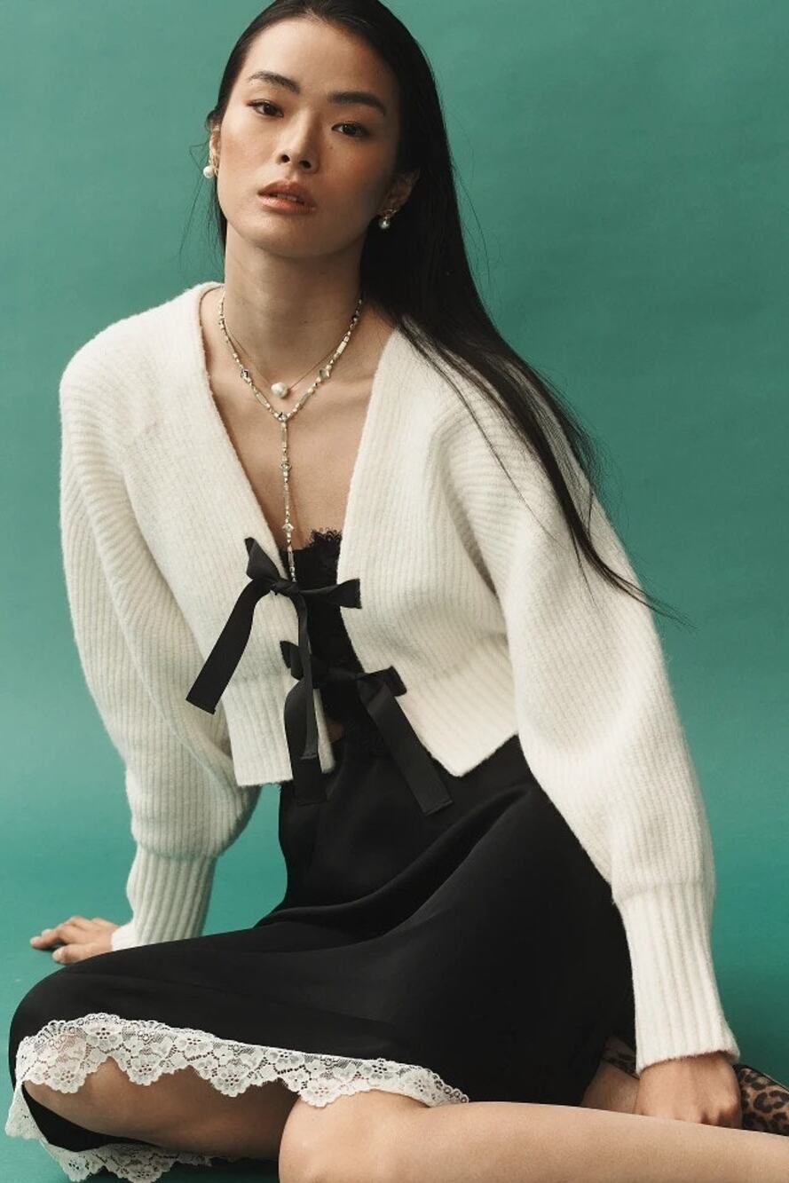 Anthropologie Rhea Bow-Front Crop Cardigan Sweater Cream Black Bows S